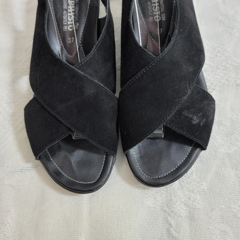 Mephisto Air-Relax‎ Black Suede Wedge Criss Cross Sandals 37 Portugal Slingback